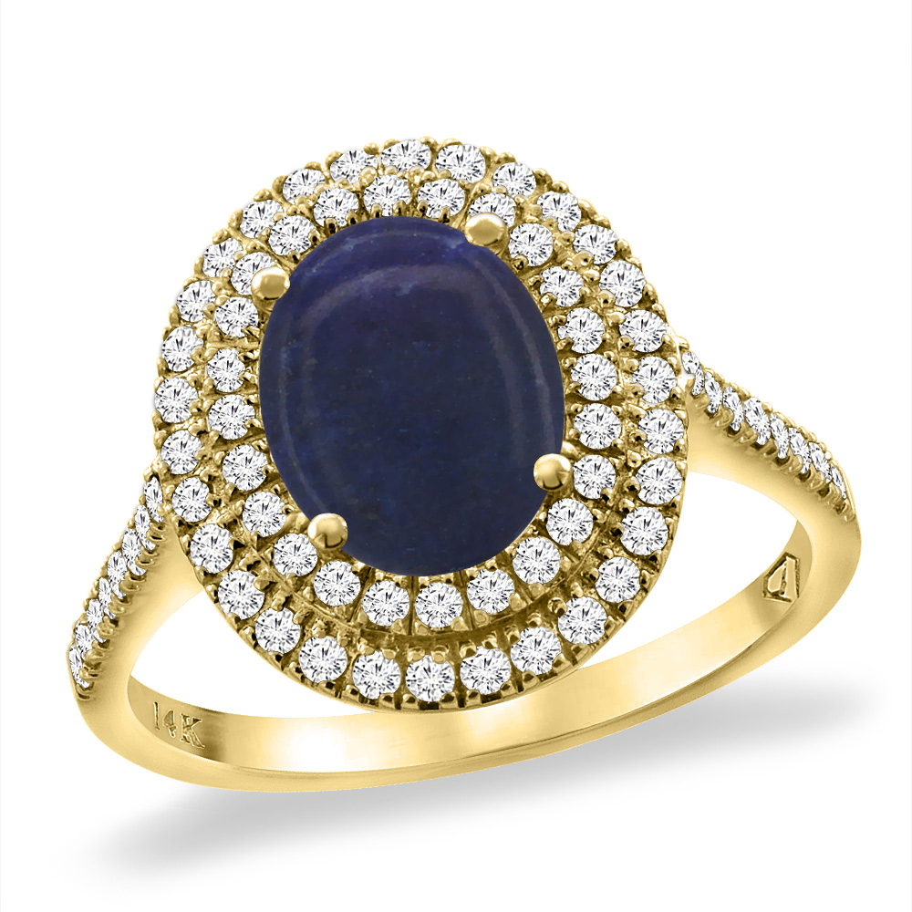 14K Yellow Gold Natural Lapis Two Halo Diamond Engagement Ring 9x7 mm Oval, sizes 5 -10