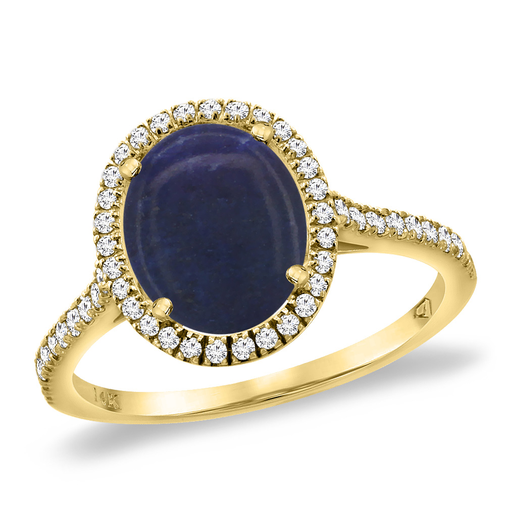 14K Yellow Gold Natural Lapis Diamond Halo Engagement Ring 10x8 mm Oval, sizes 5 -10