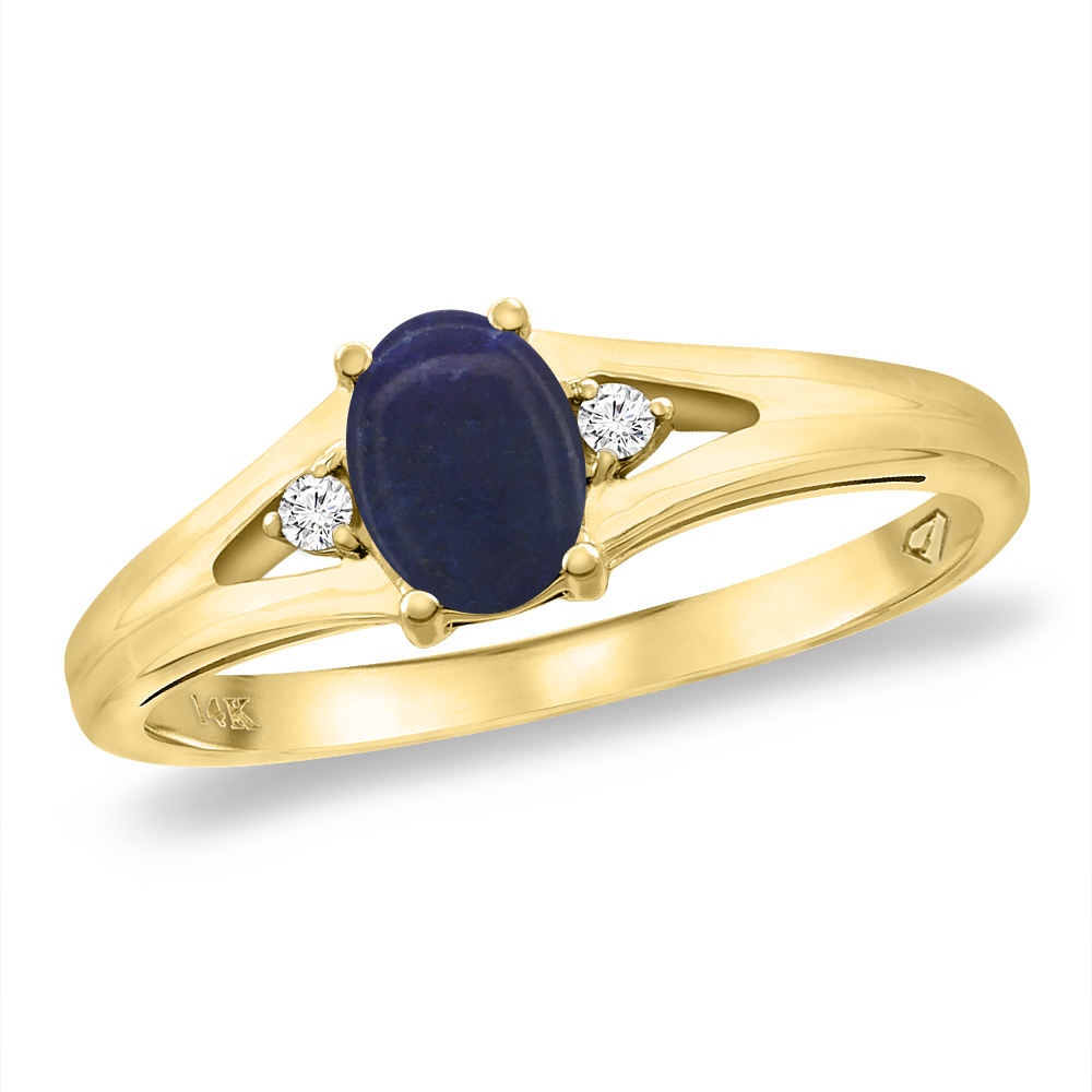 14K Yellow Gold Diamond Natural Lapis Engagement Ring Oval 6x4 mm, sizes 5 -10