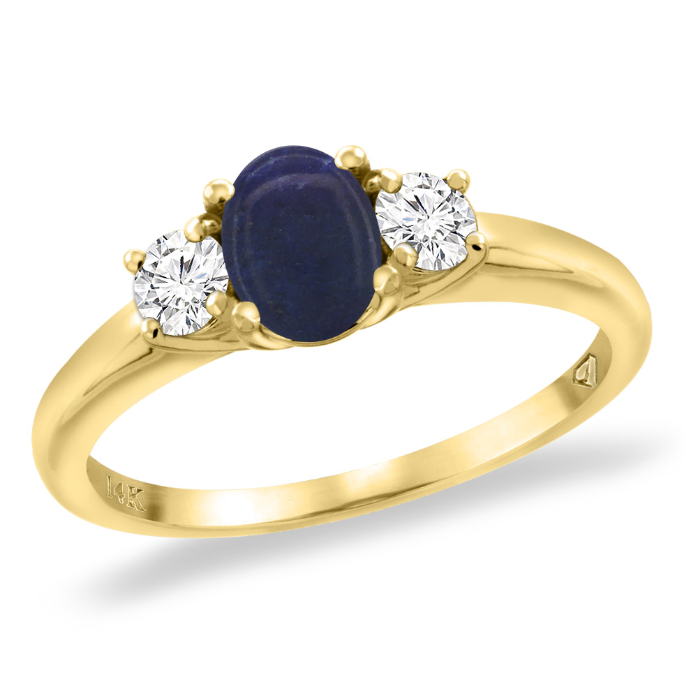 14K Yellow Gold Natural Lapis Engagement Ring Diamond Accents Oval 7x5 mm, sizes 5 -10