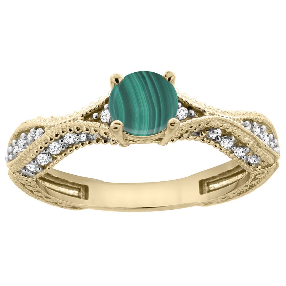 14K Yellow Gold Natural Malachite Round 5mm Engraved Engagement Ring Diamond Accents, sizes 5 - 10