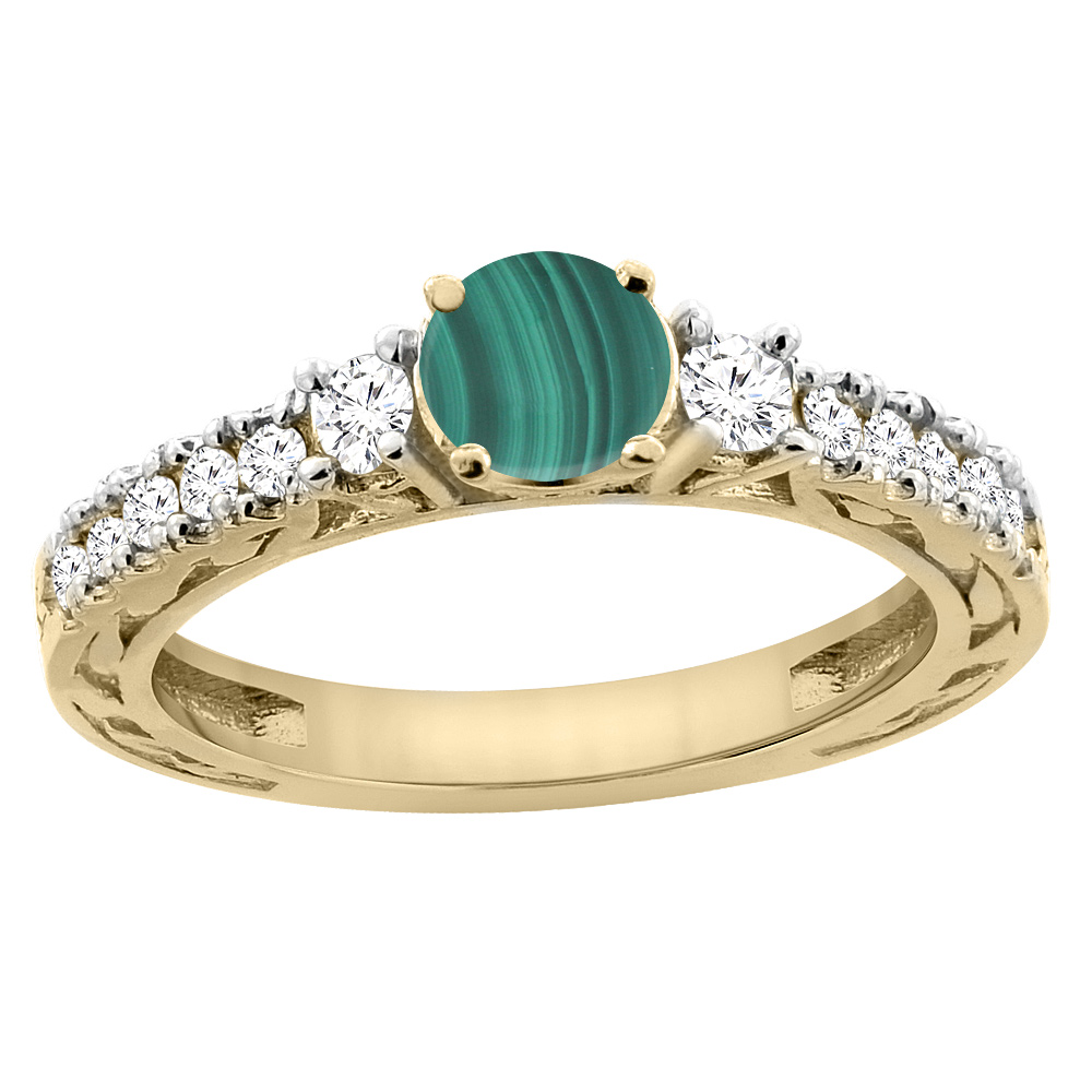 14K Yellow Gold Natural Malachite Round 6mm Engraved Engagement Ring Diamond Accents, sizes 5 - 10