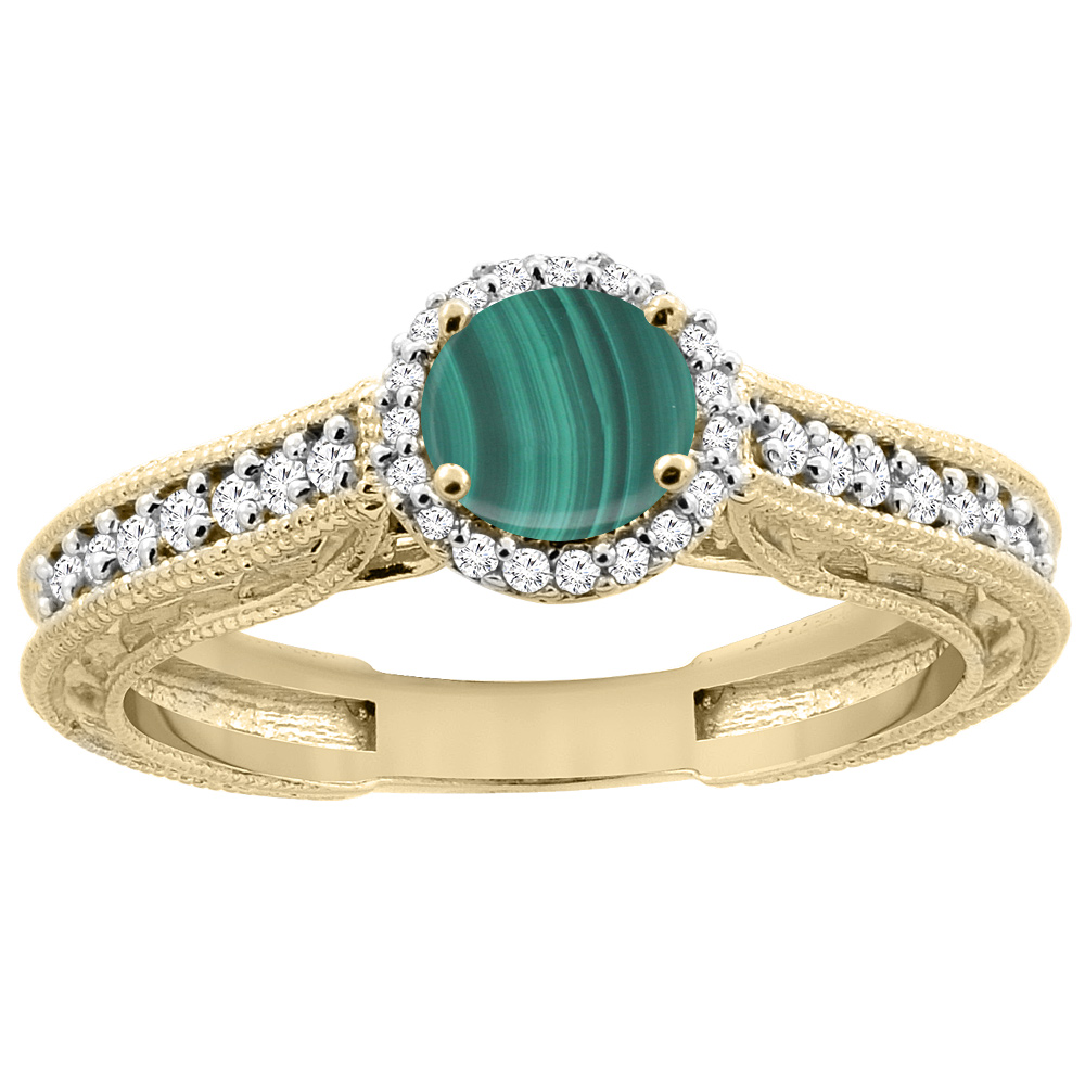14K Yellow Gold Natural Malachite Round 5mm Engraved Engagement Ring Diamond Accents, sizes 5 - 10