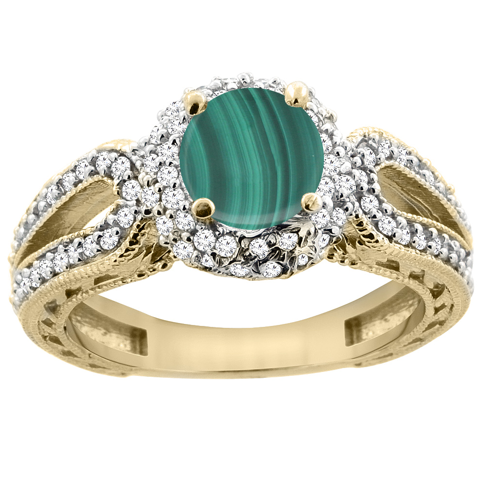 14K Yellow Gold Natural Malachite Engagement Ring Round 6mm Engraved Split Shank Diamond Accents, sizes 5 - 10