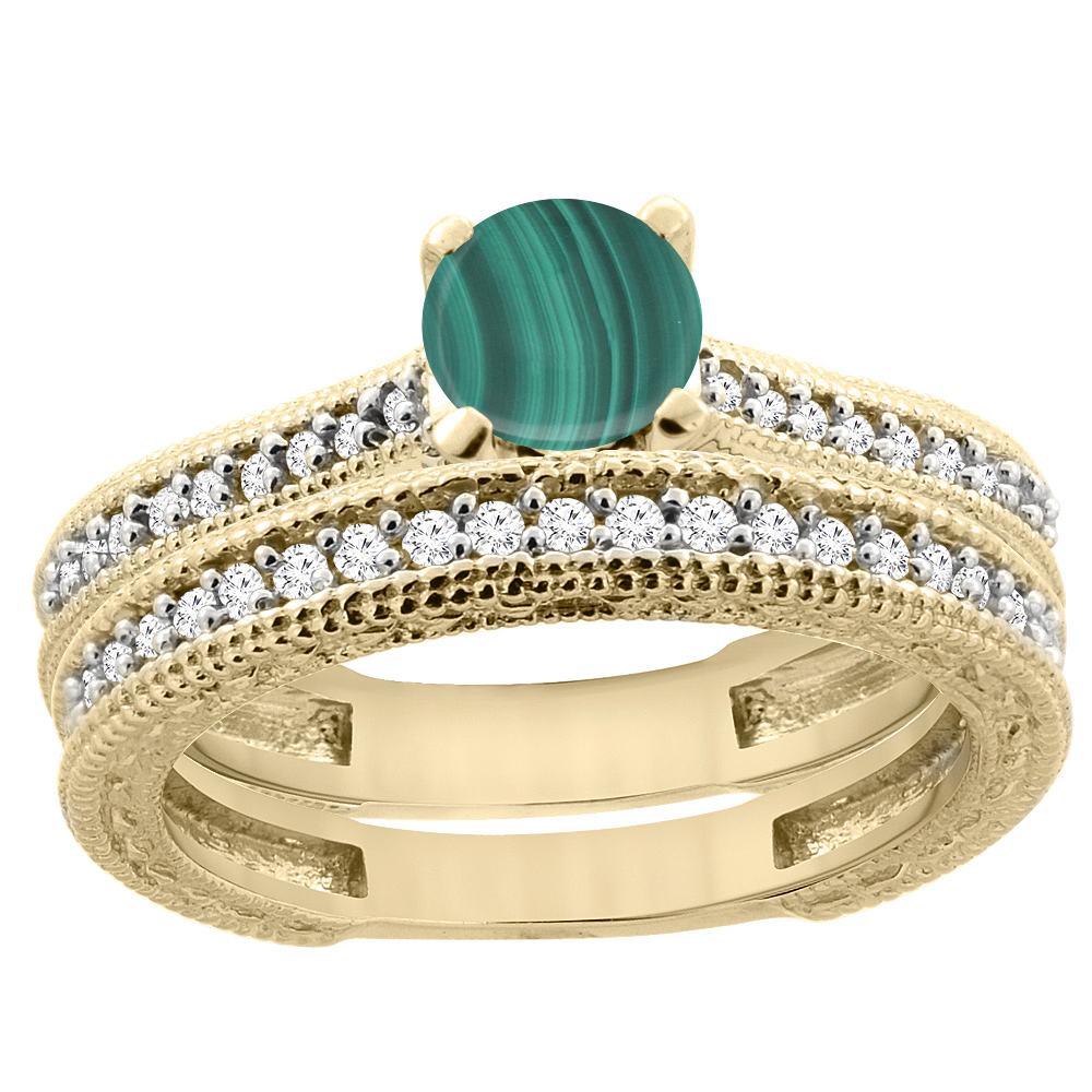 14K Yellow Gold Natural Malachite Round 5mm Engraved Engagement Ring 2-piece Set Diamond Accents, sizes 5 - 10