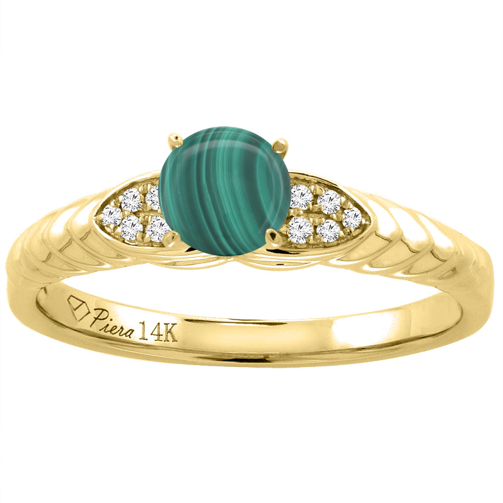 14K Yellow Gold Diamond Natural Malachite Engagement Ring Round 5 mm, sizes 5-10
