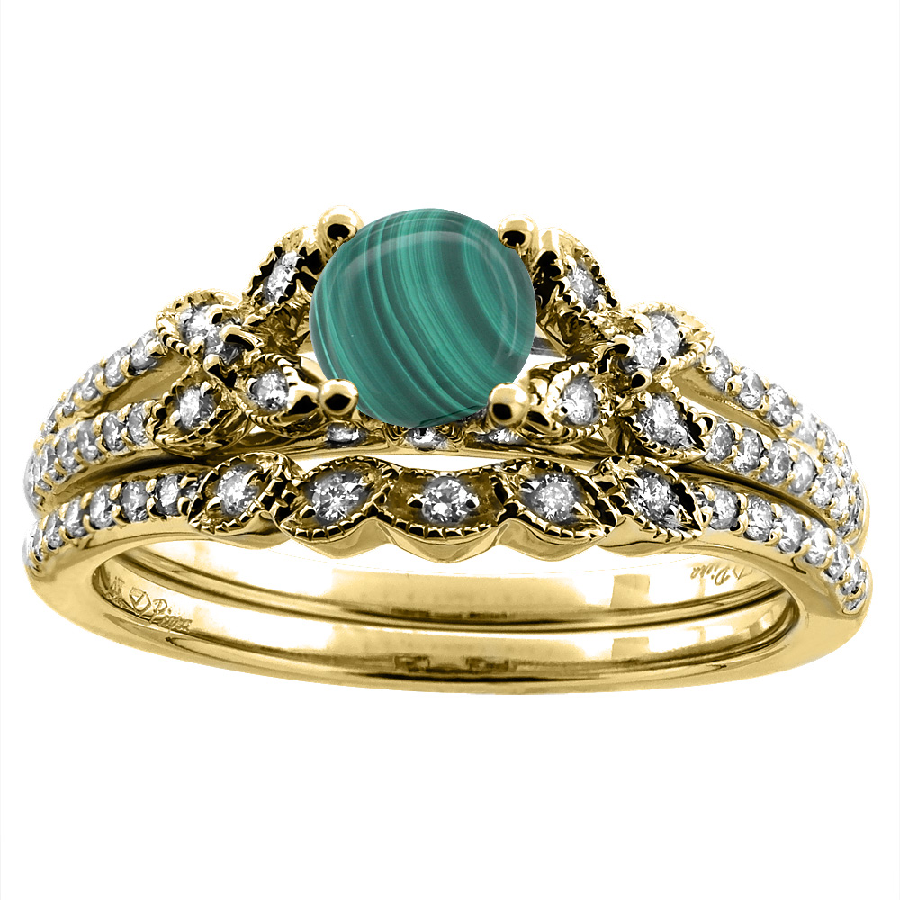 14K Yellow Gold Floral Diamond Natural Malachite 2pc Engagement Ring Set Round 5 mm, sizes 5-10