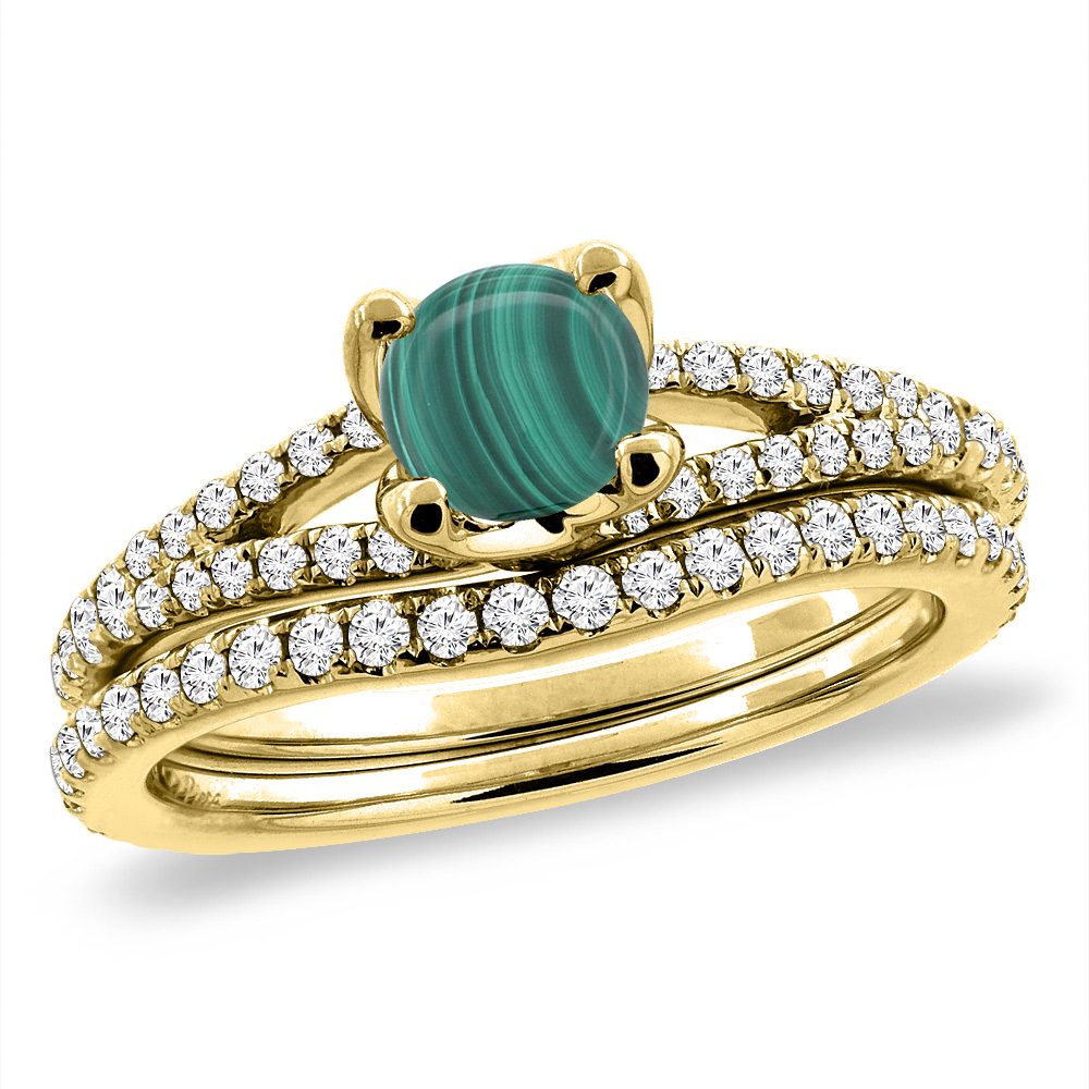 14K Yellow Gold Diamond Natural Malachite 2pc Engagement Ring Set Round 5 mm, sizes 5-10
