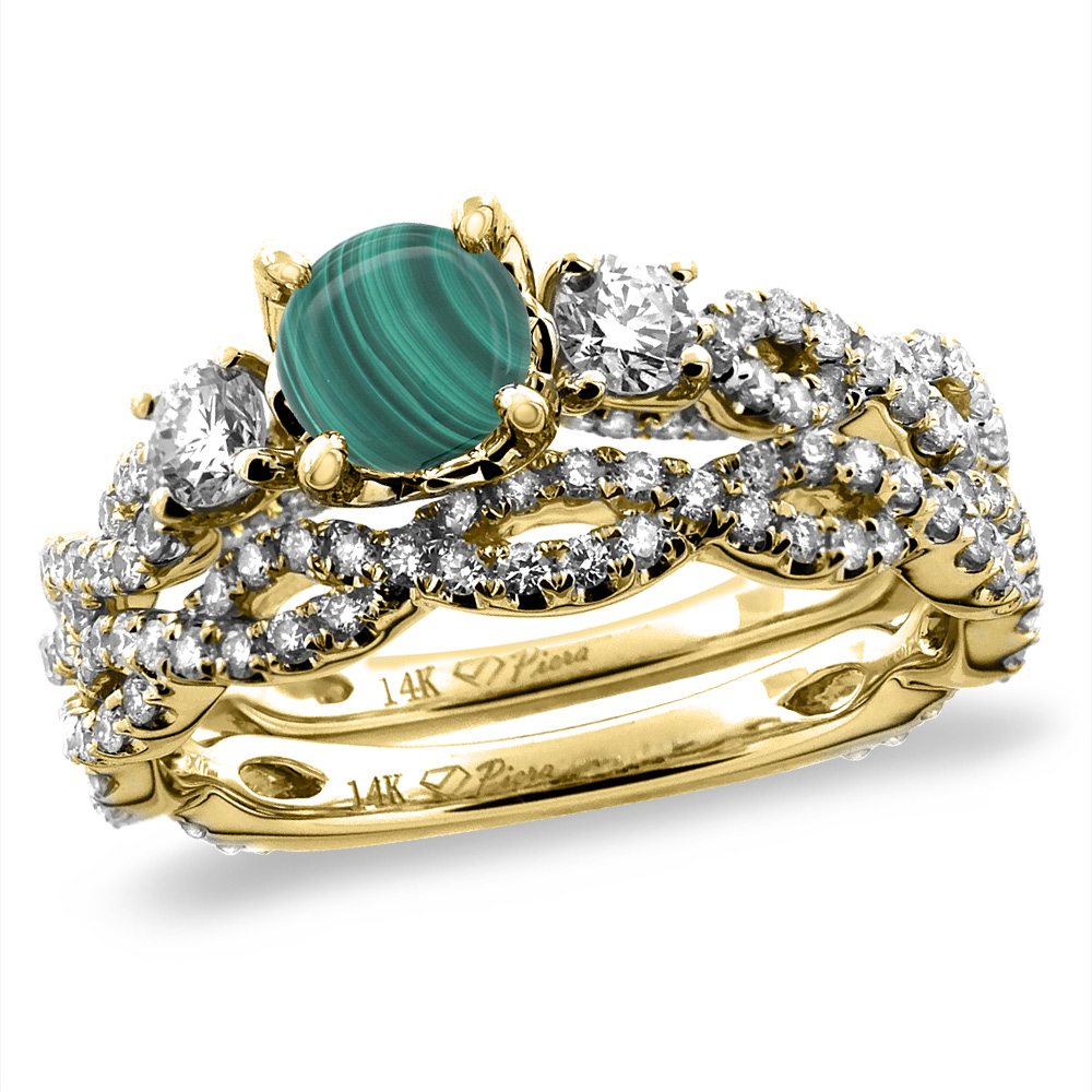 14K Yellow Gold Diamond Natural Malachite 2pc Infinity Engagement Ring Set Round 5 mm, sizes 5-10