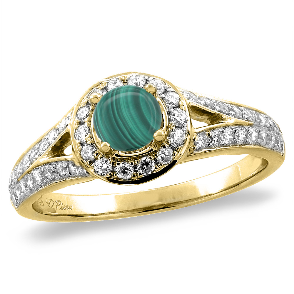 14K White/Yellow Gold Diamond Natural Malachite Halo Engagement Ring Round 4 mm, sizes 5 -10