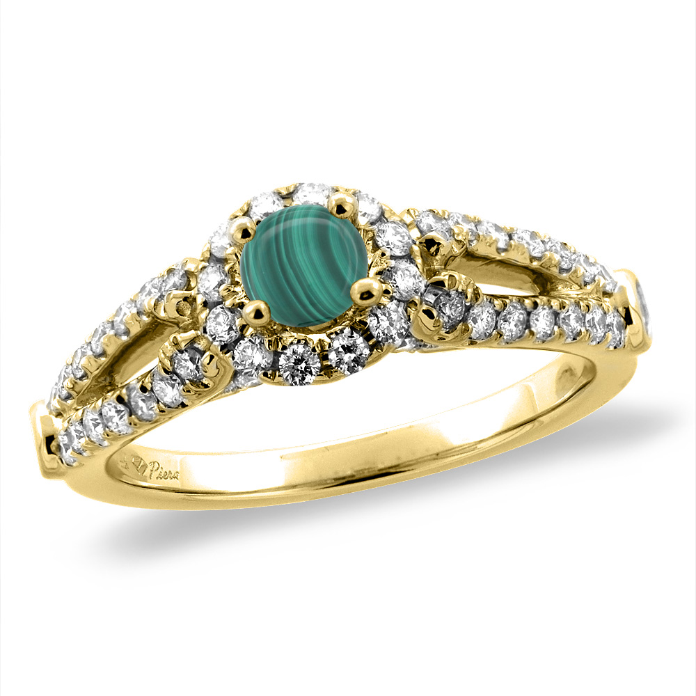 14K Yellow Gold Diamond Natural Malachite Halo Engagement Ring Round 4 mm, sizes 5 -10