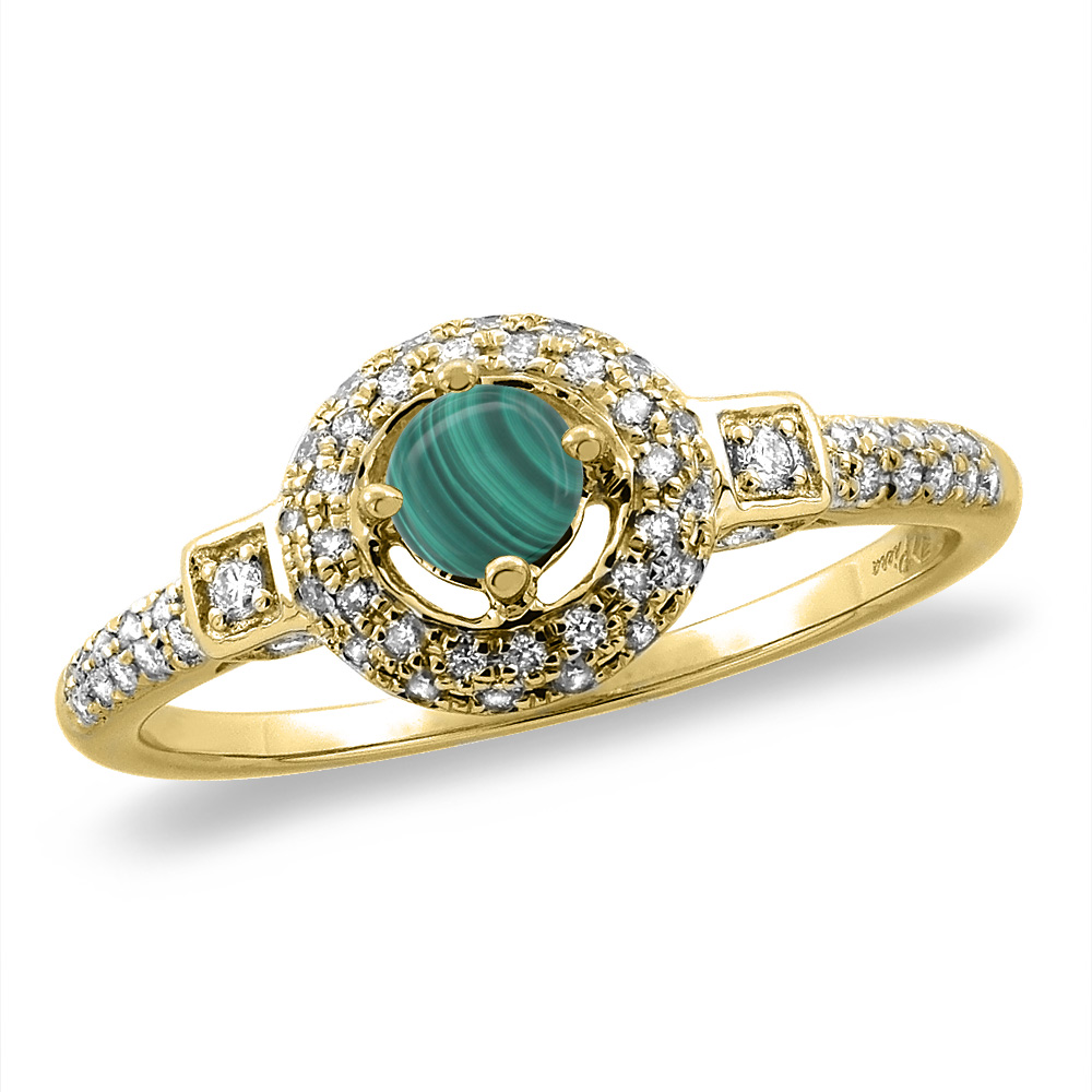 14K White/Yellow Gold Diamond Natural Malachite Halo Engagement Ring Round 4 mm, sizes 5 -10