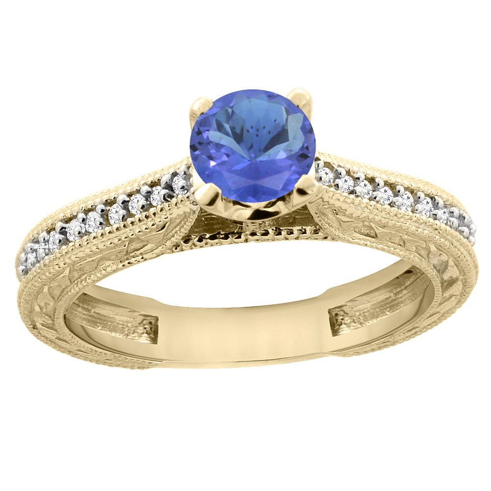 14K Yellow Gold Natural Tanzanite Round 5mm Engraved Engagement Ring Diamond Accents, sizes 5 - 10