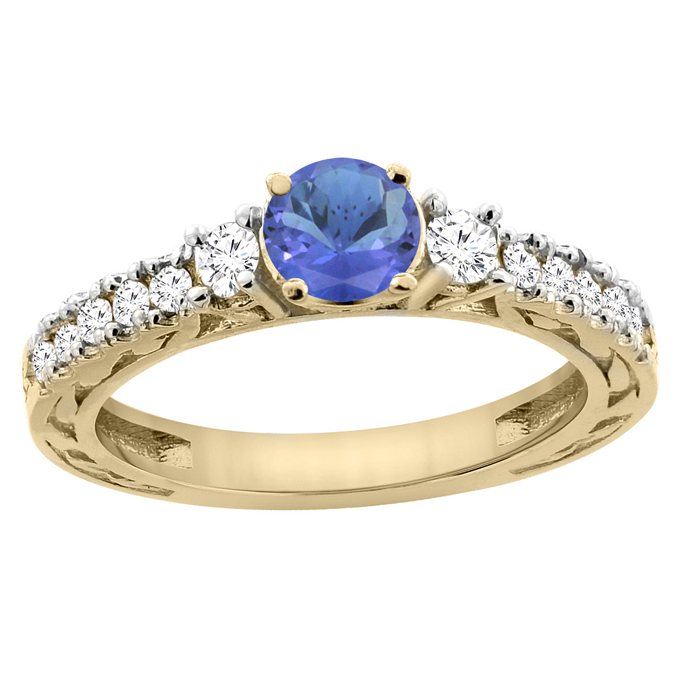 14K Yellow Gold Natural Tanzanite Round 6mm Engraved Engagement Ring Diamond Accents, sizes 5 - 10