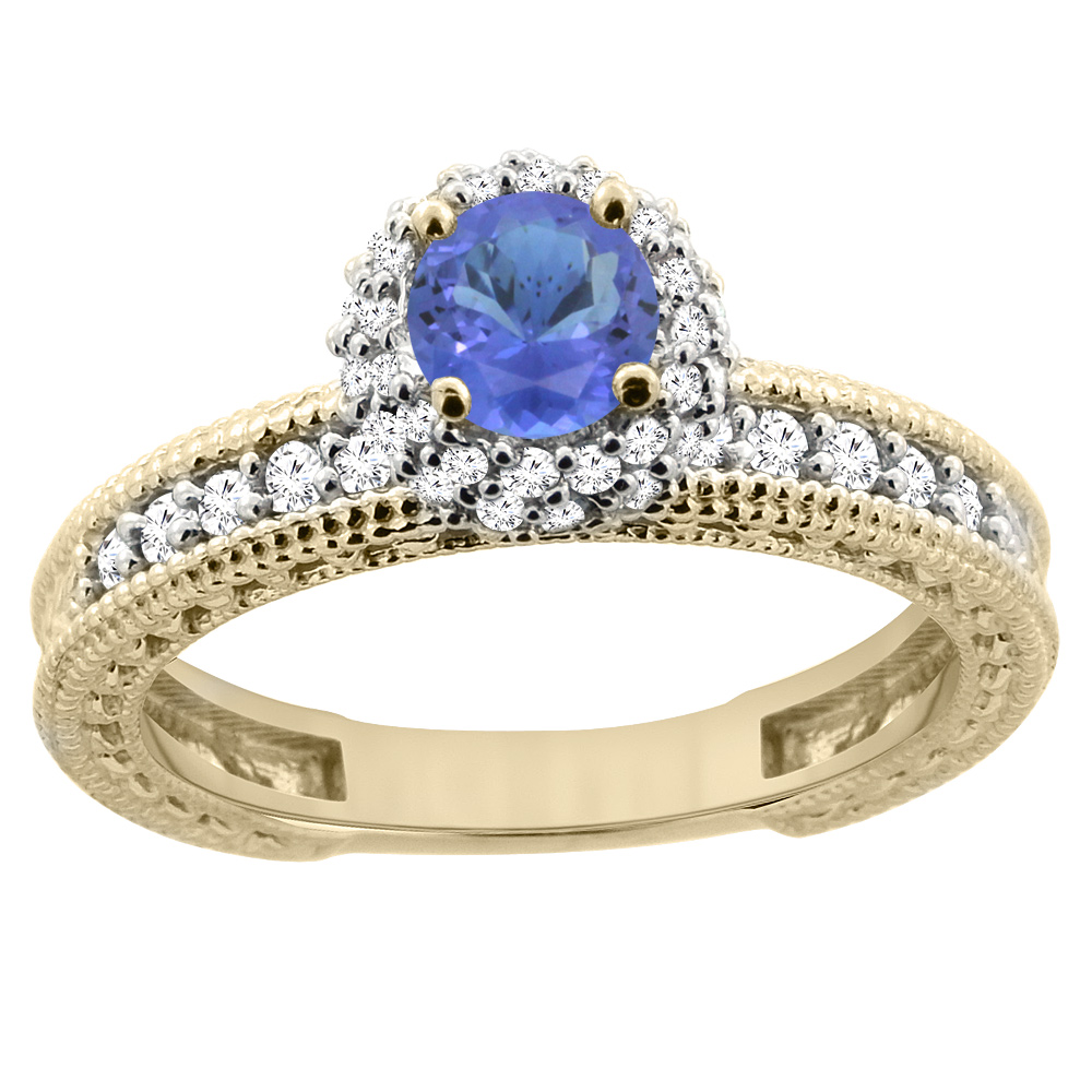 14K Yellow Gold Natural Tanzanite Round 5mm Engagement Ring Diamond Accents, sizes 5 - 10