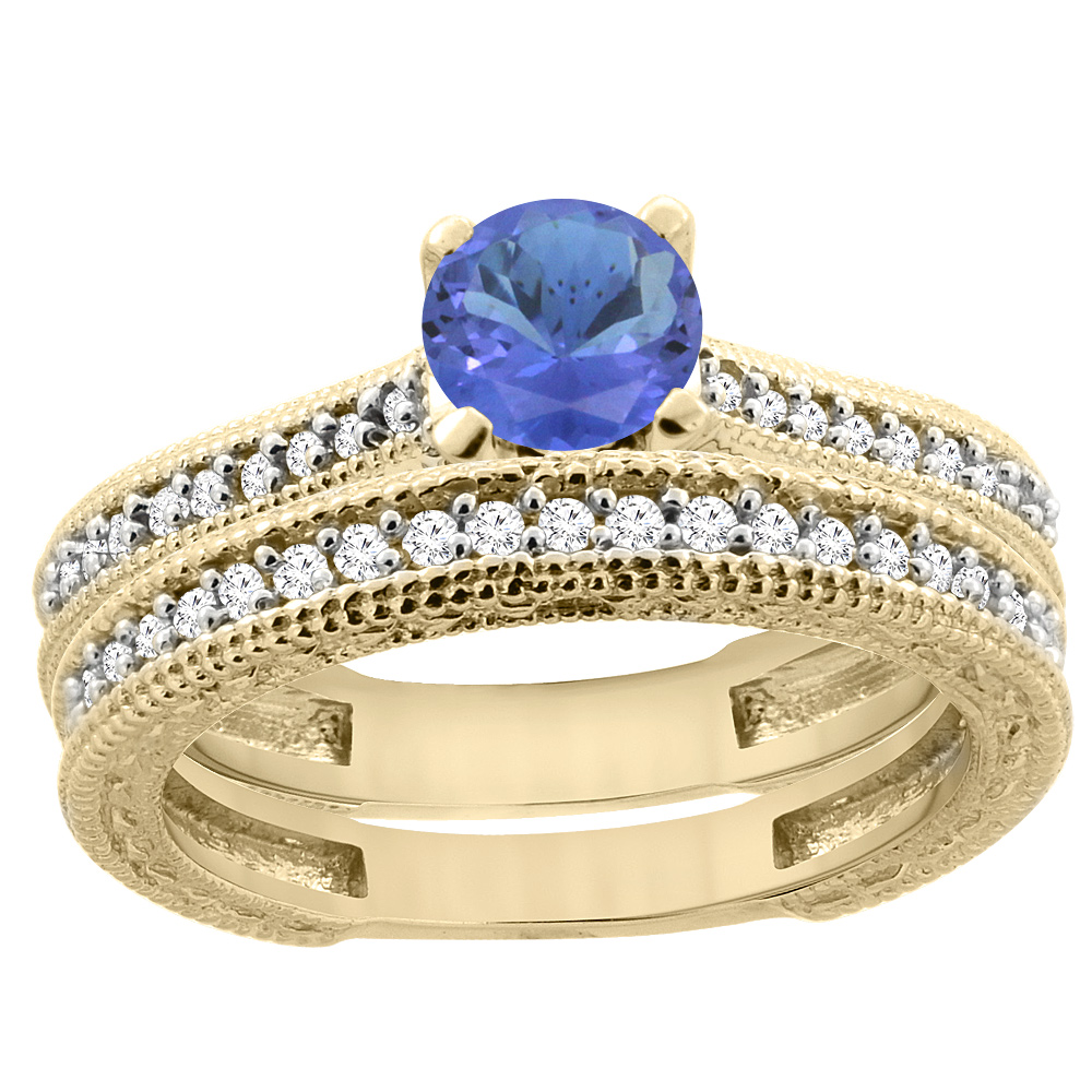 14K Yellow Gold Natural Tanzanite Round 5mm Engraved Engagement Ring 2-piece Set Diamond Accents, sizes 5 - 10