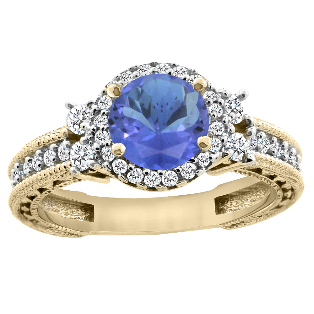 14K Yellow Gold Natural Tanzanite Halo Engagement Ring Round 6mm Diamond Accents, sizes 5 - 10
