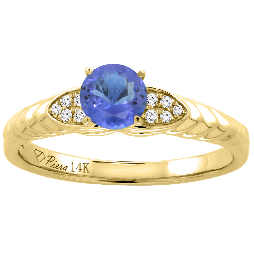 14K Yellow Gold Diamond Natural Tanzanite Engagement Ring Round 5 mm, sizes 5-10