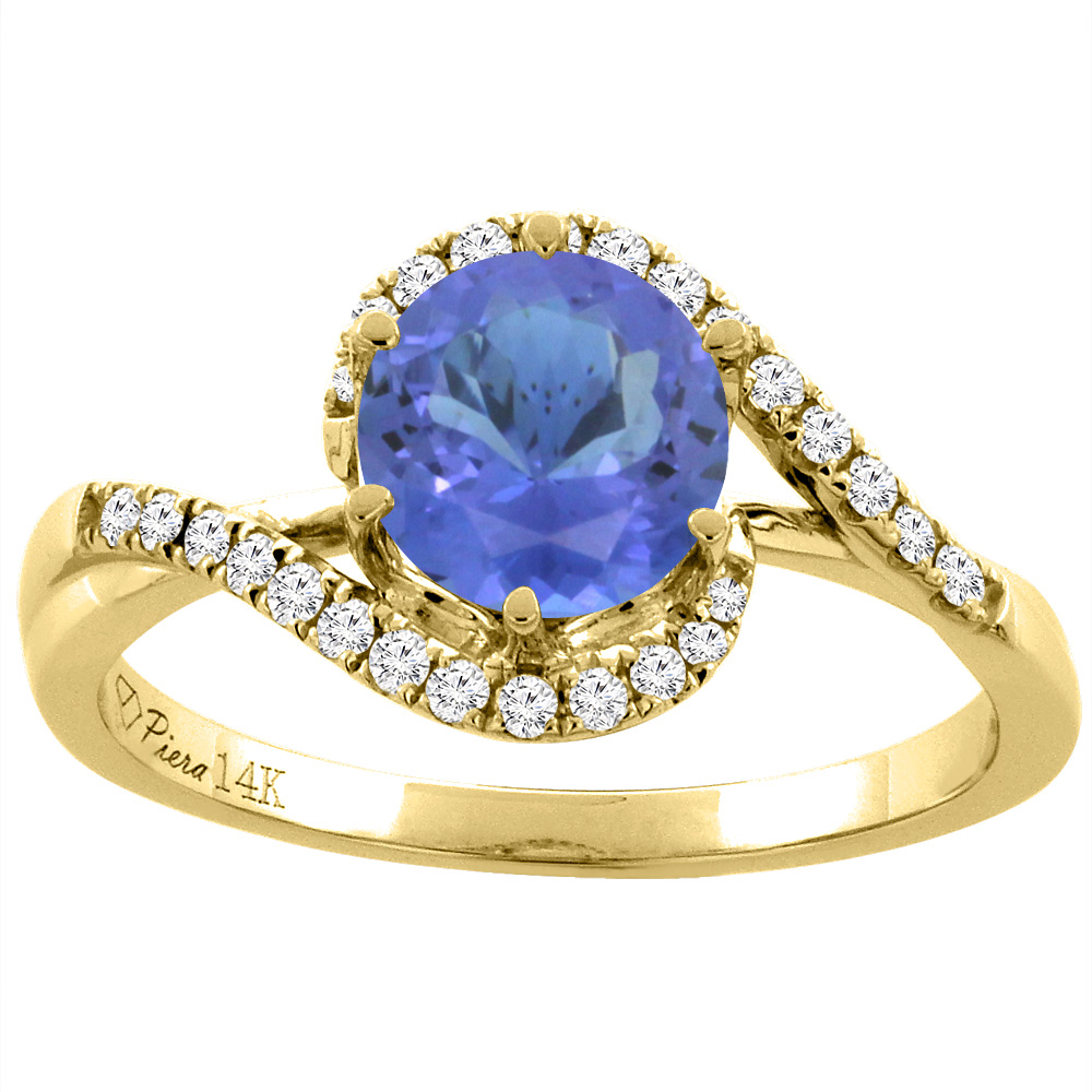 14K Yellow Gold Diamond Natural Tanzanite Bypass Engagement Ring Round 7 mm, sizes 5-10