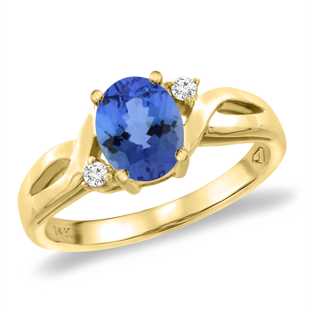 14K Yellow Gold Diamond Natural Tanzanite Engagement Ring Oval 8x6 mm, sizes 5 -10