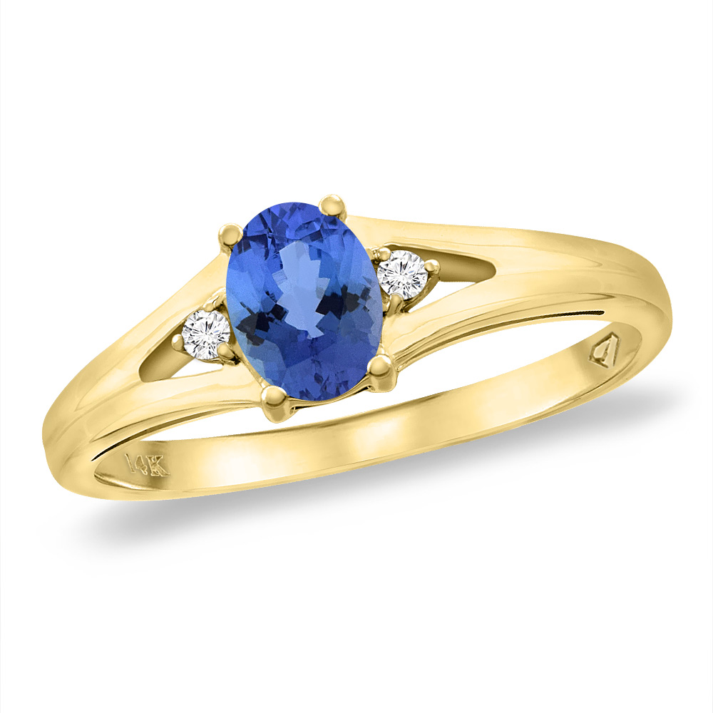 14K Yellow Gold Diamond Natural Tanzanite Engagement Ring Oval 6x4 mm, sizes 5 -10