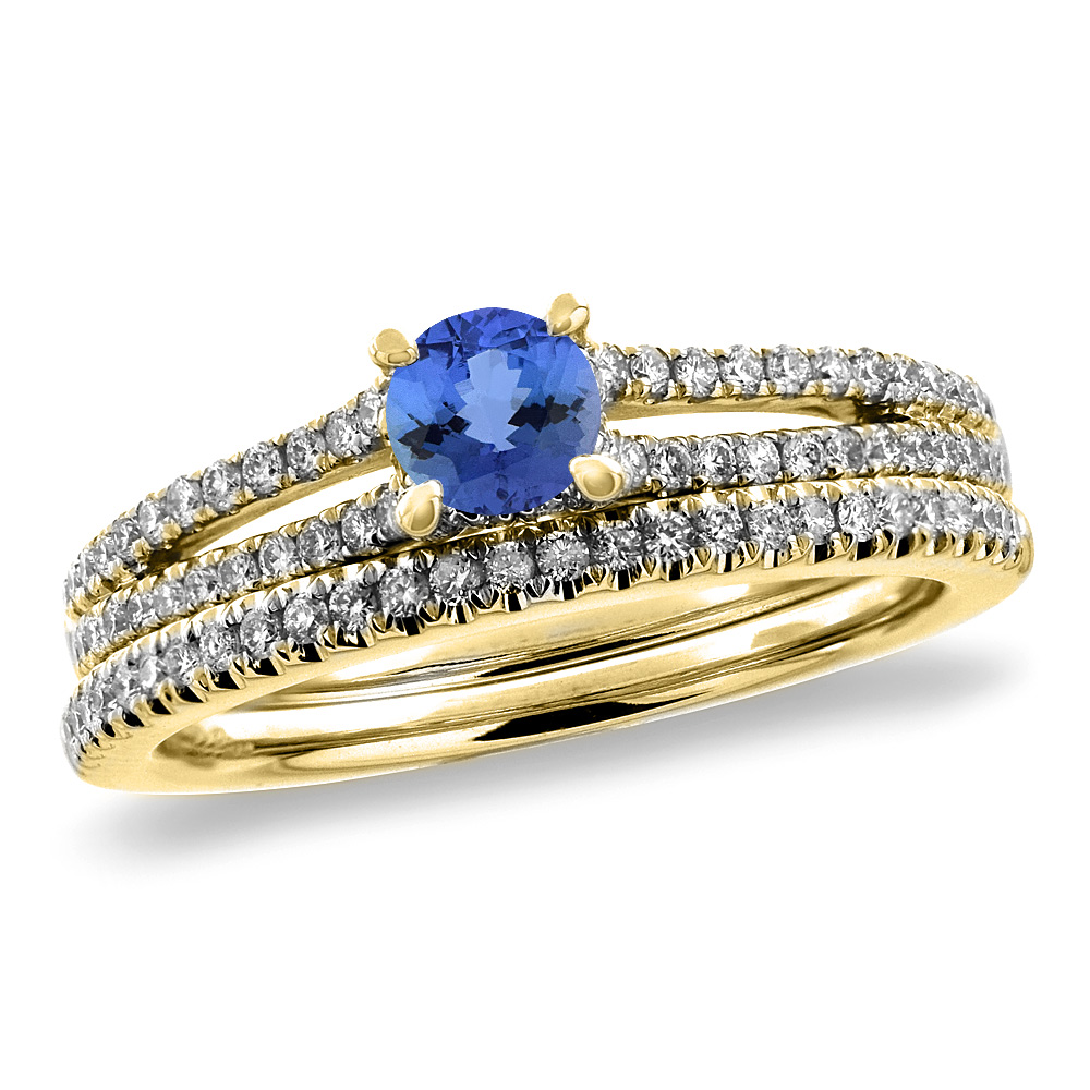 14K Yellow Gold Diamond Natural Tanzanite 2pc Engagement Ring Set Round 5 mm, sizes 5-10