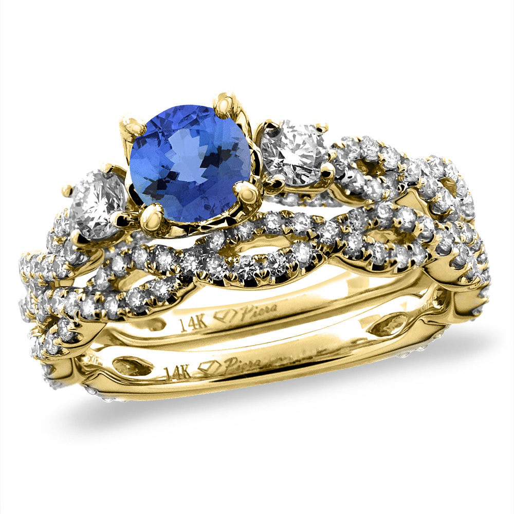 14K Yellow Gold Diamond Natural Tanzanite 2pc Infinity Engagement Ring Set Round 5 mm, sizes 5-10