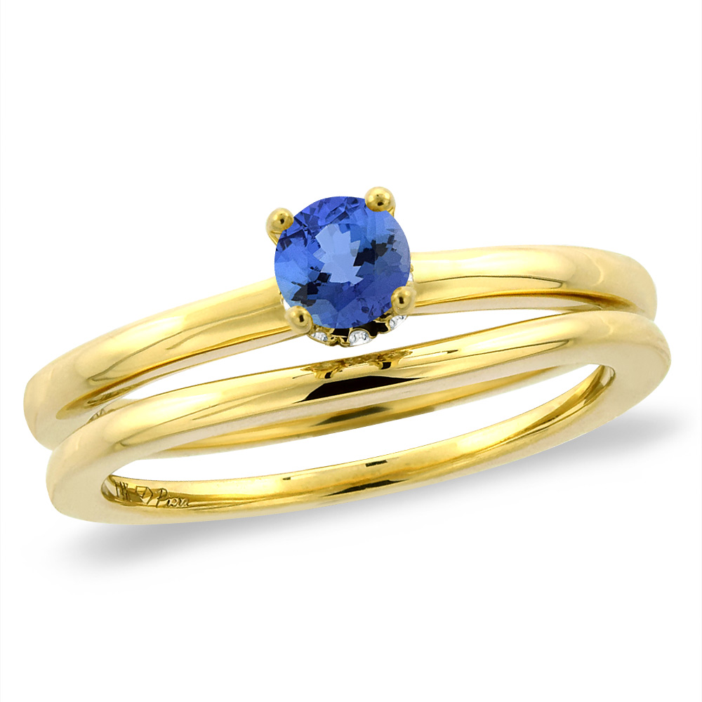 14K Yellow Gold Diamond Natural Tanzanite 2pc Solitaire Engagement Ring Set Round 5 mm, sizes 5 -10