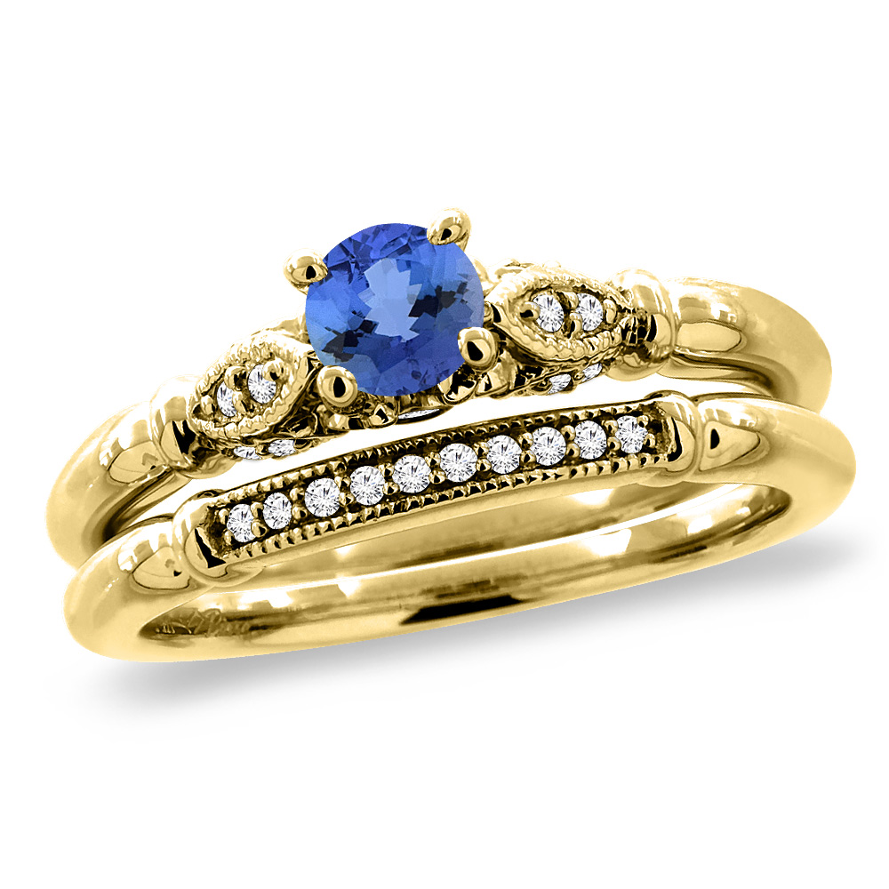 14K Yellow Gold Diamond Natural Tanzanite 2pc Engagement Ring Set Round 4 mm, sizes 5 - 10