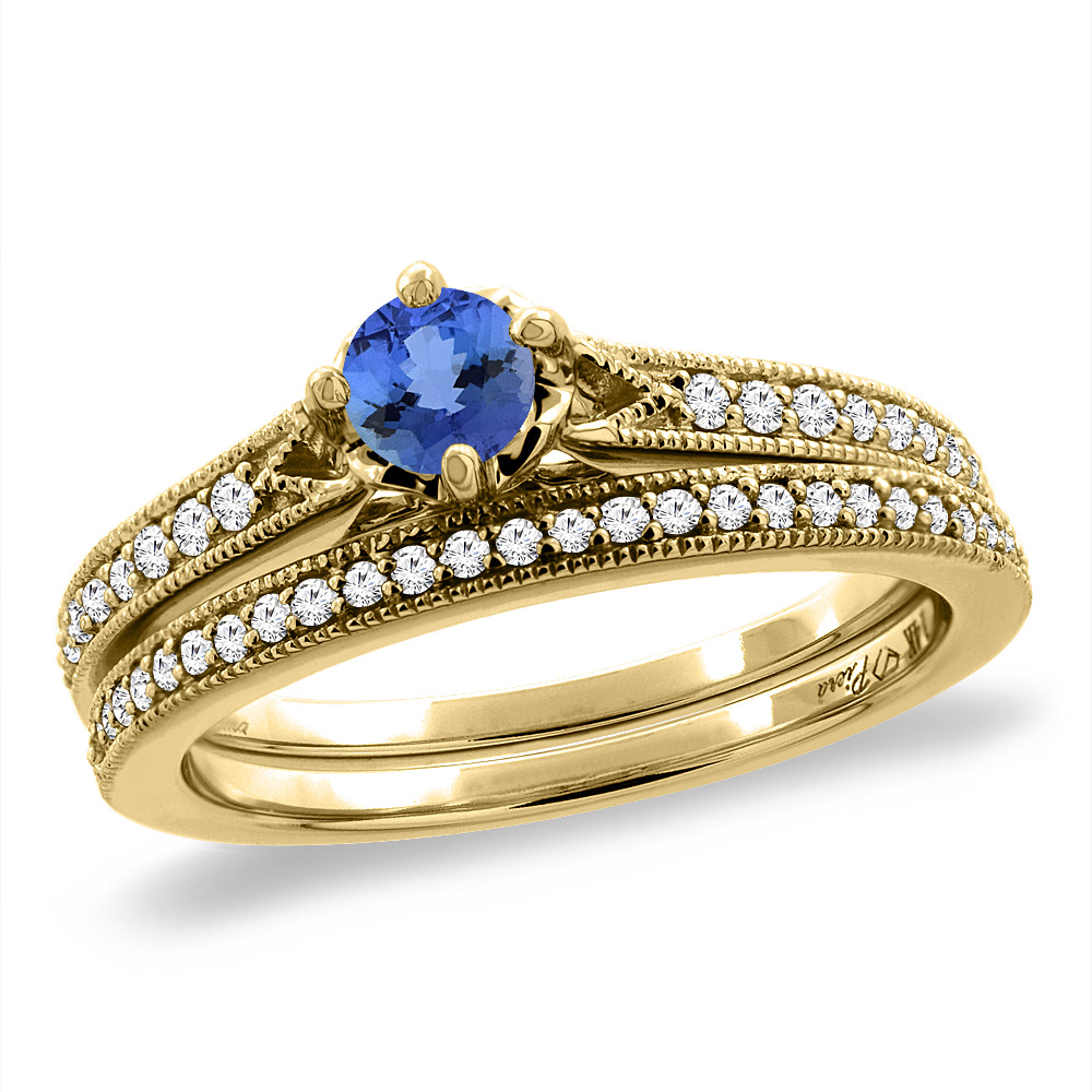 14K Yellow Gold Diamond Natural Tanzanite 2pc Engagement Ring Set Round 4 mm, sizes 5 - 10