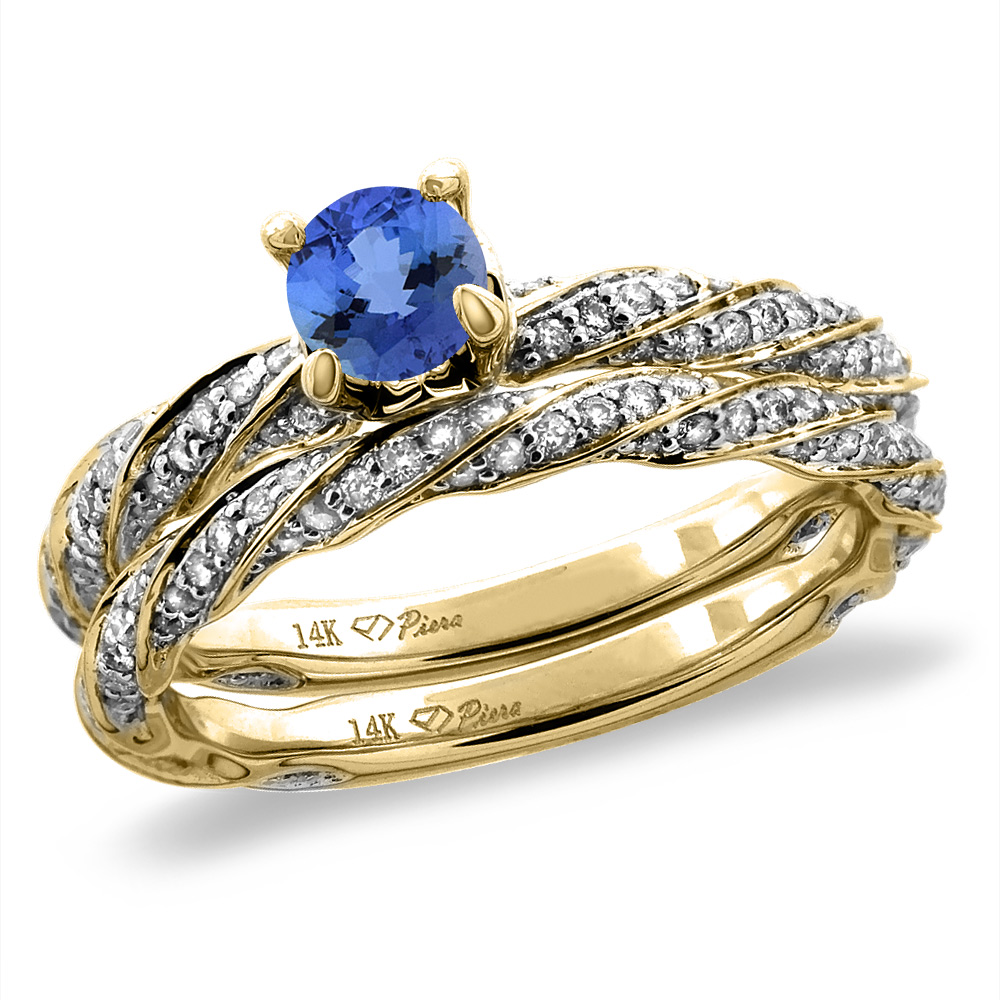 14K Yellow Gold Diamond Natural Tanzanite 2pc Twisted Engagement Ring Set Round 4 mm, size5-10
