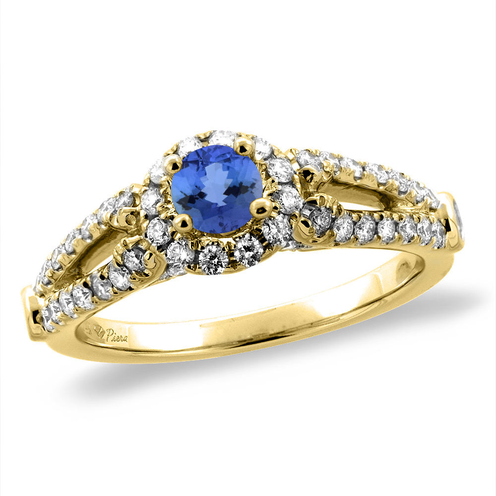 14K Yellow Gold Diamond Natural Tanzanite Halo Engagement Ring Round 4 mm, sizes 5 -10