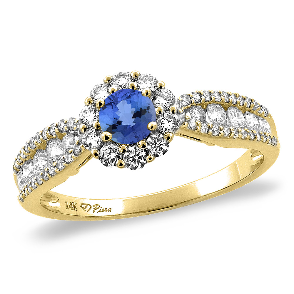 14K Yellow Gold Natural Tanzanite Halo Engagement Ring Round 4 mm, sizes 5 -10