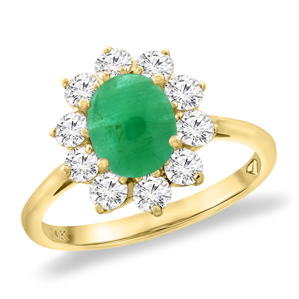 14K Yellow Gold Diamond Natural Cabochon Emerald Engagement Ring Oval 8x6 mm, sizes 5 -10