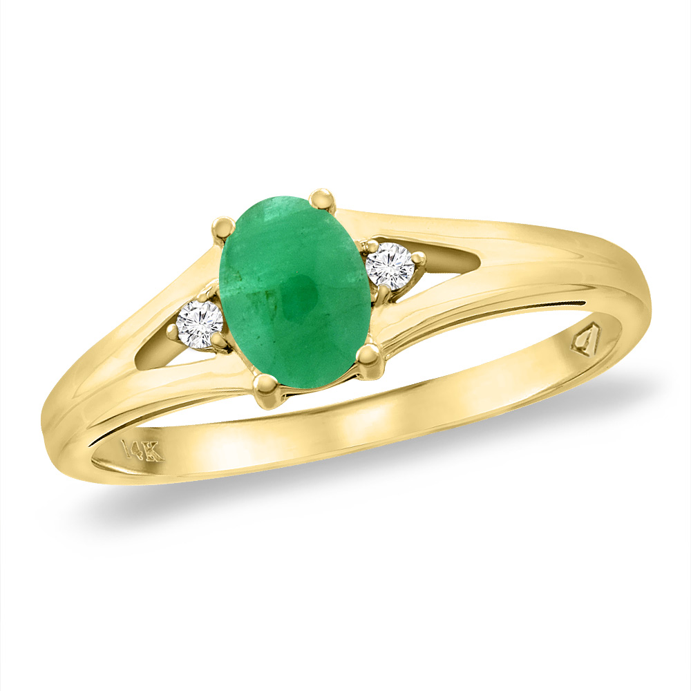 14K Yellow Gold Diamond Natural Cabochon Emerald Engagement Ring Oval 6x4 mm, sizes 5 -10