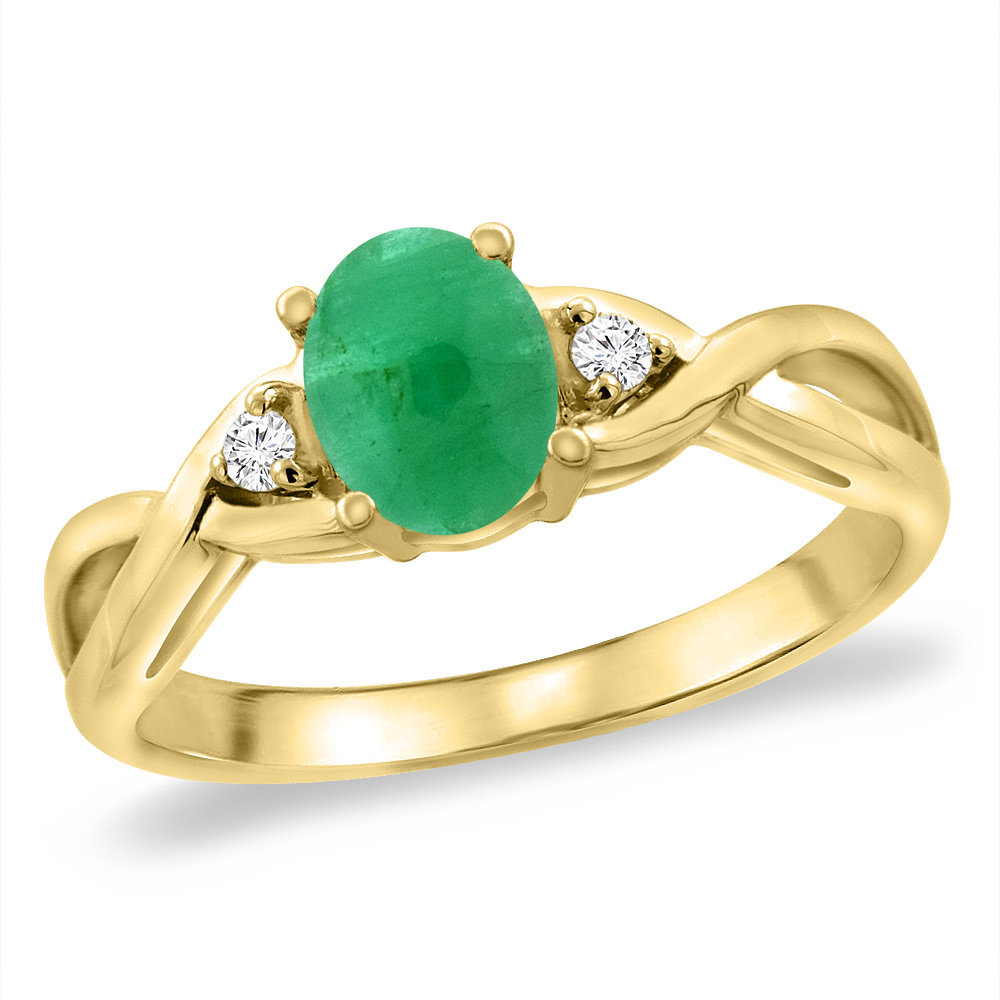 14K Yellow Gold Diamond Natural Cabochon Emerald Infinity Engagement Ring Oval 7x5 mm, sizes 5 -10