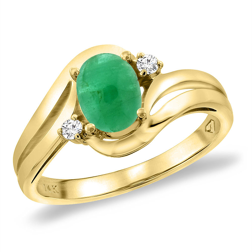 14K Yellow Gold Diamond Natural Cabochon Emerald Bypass Engagement Ring Oval 8x6 mm, sizes 5 -10