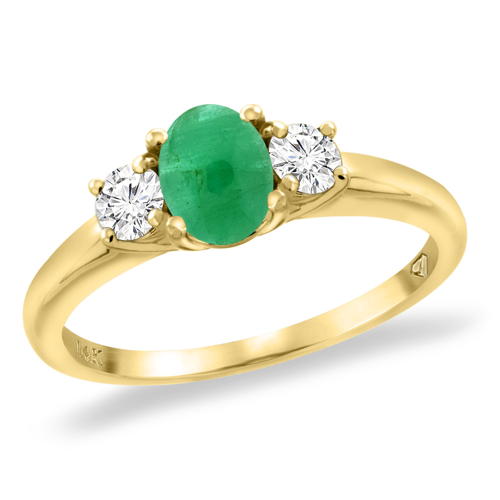 14K Yellow Gold Natural Cabochon Emerald Engagement Ring Diamond Accents Oval 7x5 mm, sizes 5 -10