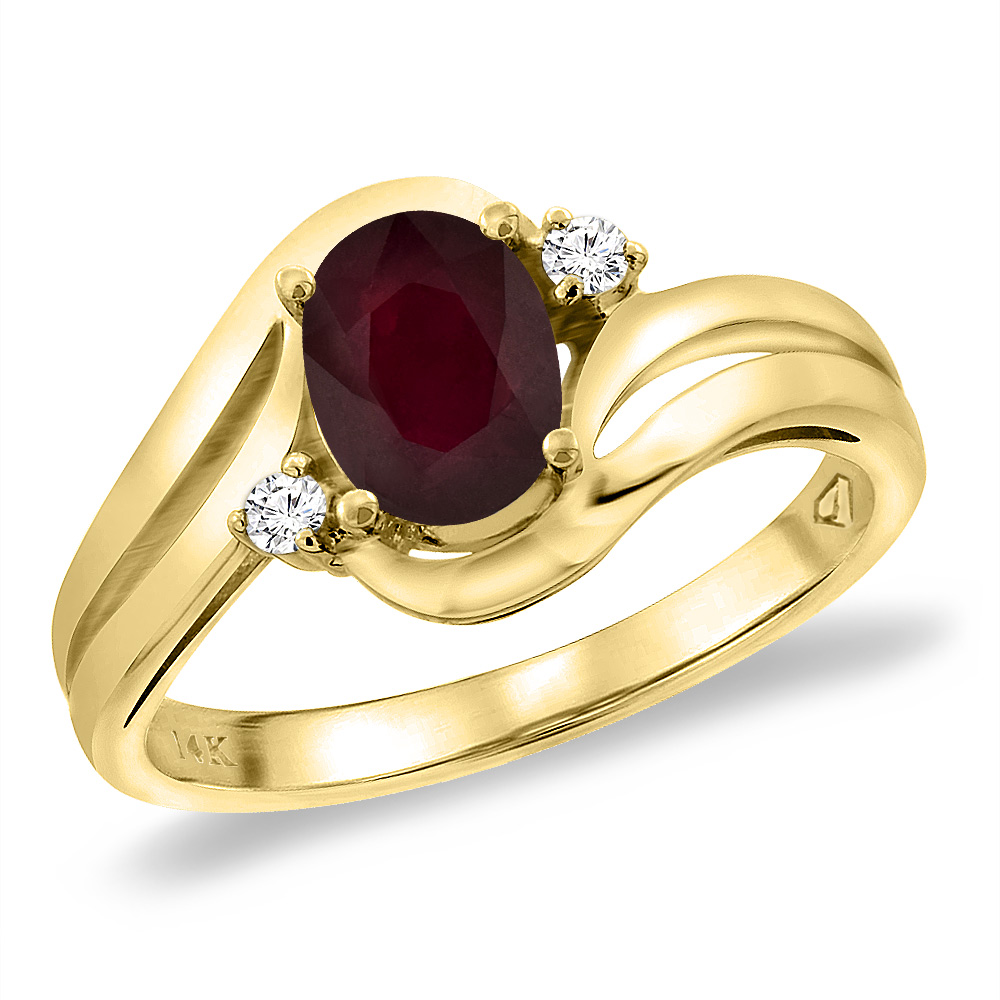 14K Yellow Gold Diamond Natural Quality Ruby Bypass Engagement Ring Oval 8x6 mm, size 5 -10