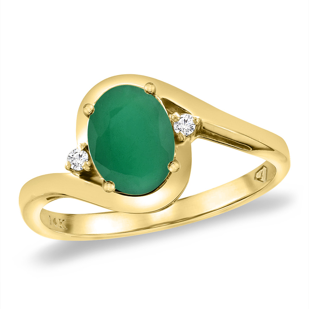 14K Yellow Gold Diamond Natural Quality Emerald Bypass Engagement Ring Oval 8x6 mm, size 5 -10
