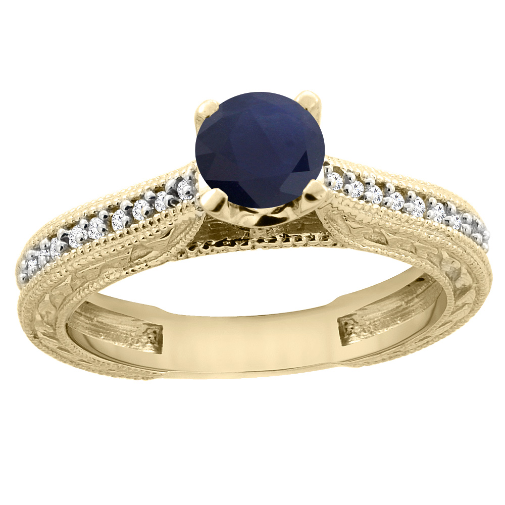 14K Yellow Gold Natural High Quality Blue Sapphire Round 5mm Engraved Engagement Ring Diamond Accents, sizes 5 - 10