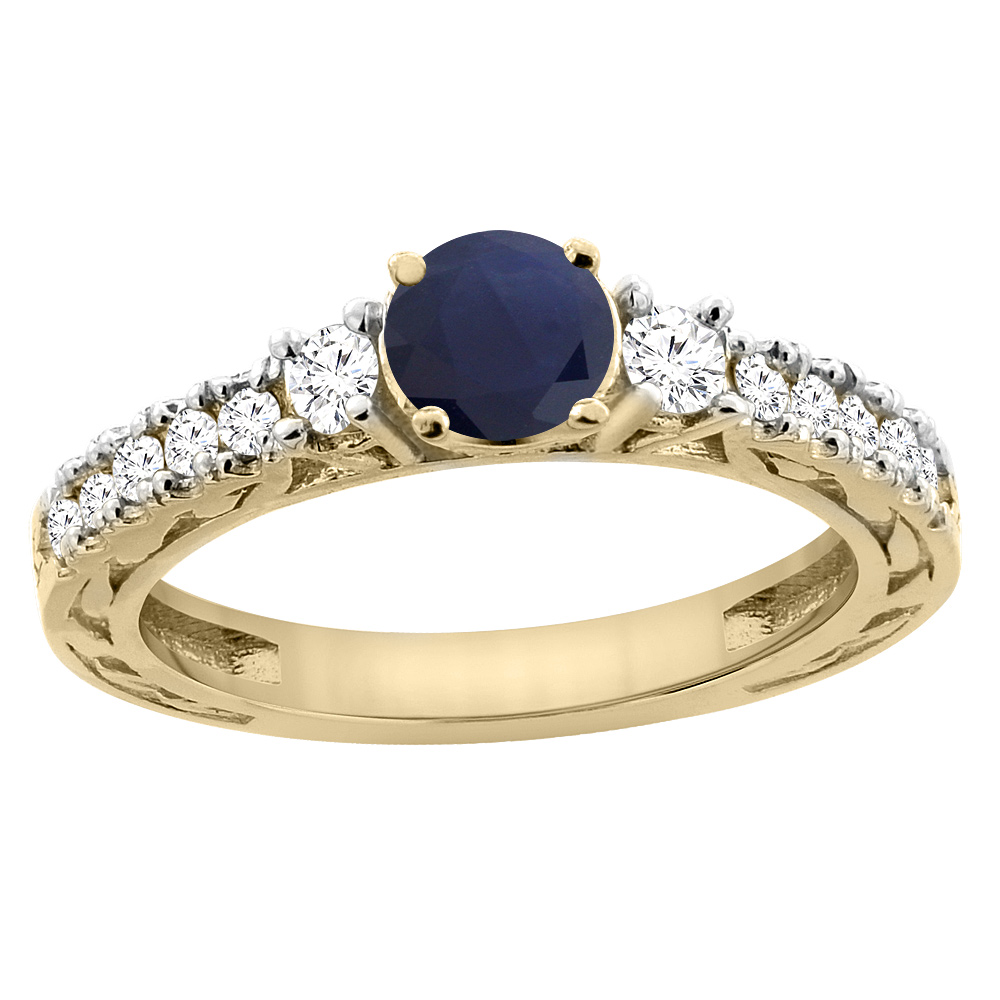 14K Yellow Gold Natural High Quality Blue Sapphire Round 6mm Engraved Engagement Ring Diamond Accents, sizes 5 - 10