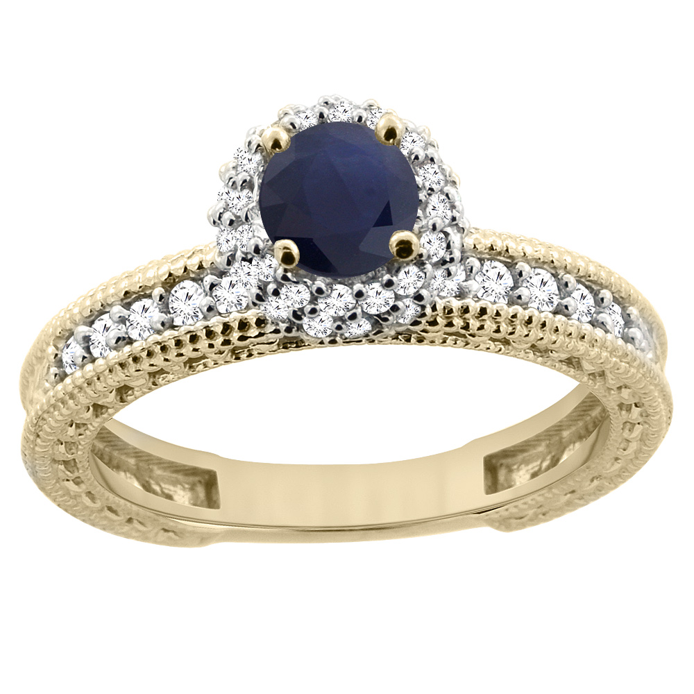 14K Yellow Gold Natural Blue Sapphire Round 5mm Engagement Ring Diamond Accents, sizes 5 - 10