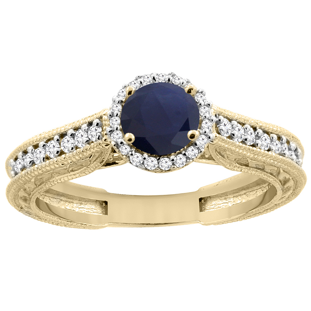 14K Yellow Gold Natural High Quality Blue Sapphire Round 5mm Engraved Engagement Ring Diamond Accents, sizes 5 - 10