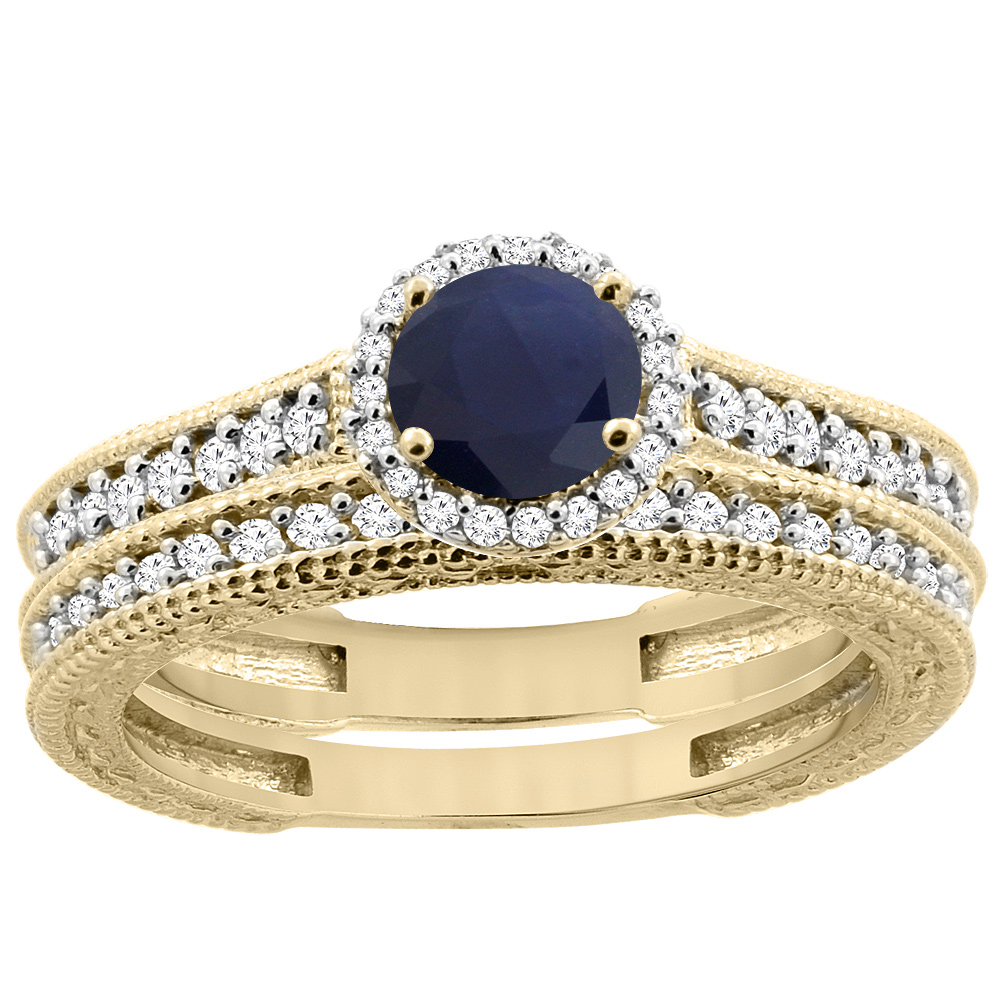 14K Yellow Gold Natural High Quality Blue Sapphire Round 5mm Engagement Ring 2-piece Set Diamond Accents, sizes 5 - 10