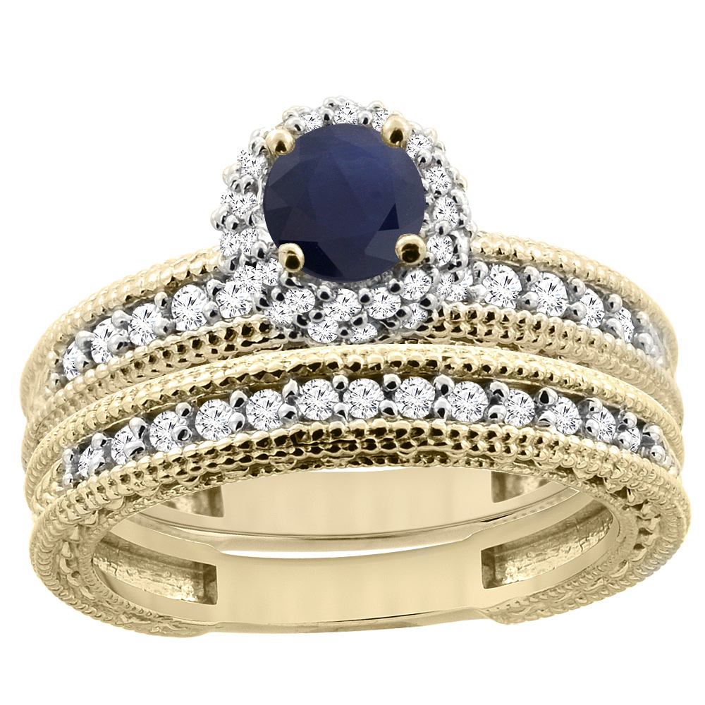 14K Yellow Gold Diamond Natural Blue Sapphire Round 4mm Engagement Ring 2-piece Set, sizes 5 - 10