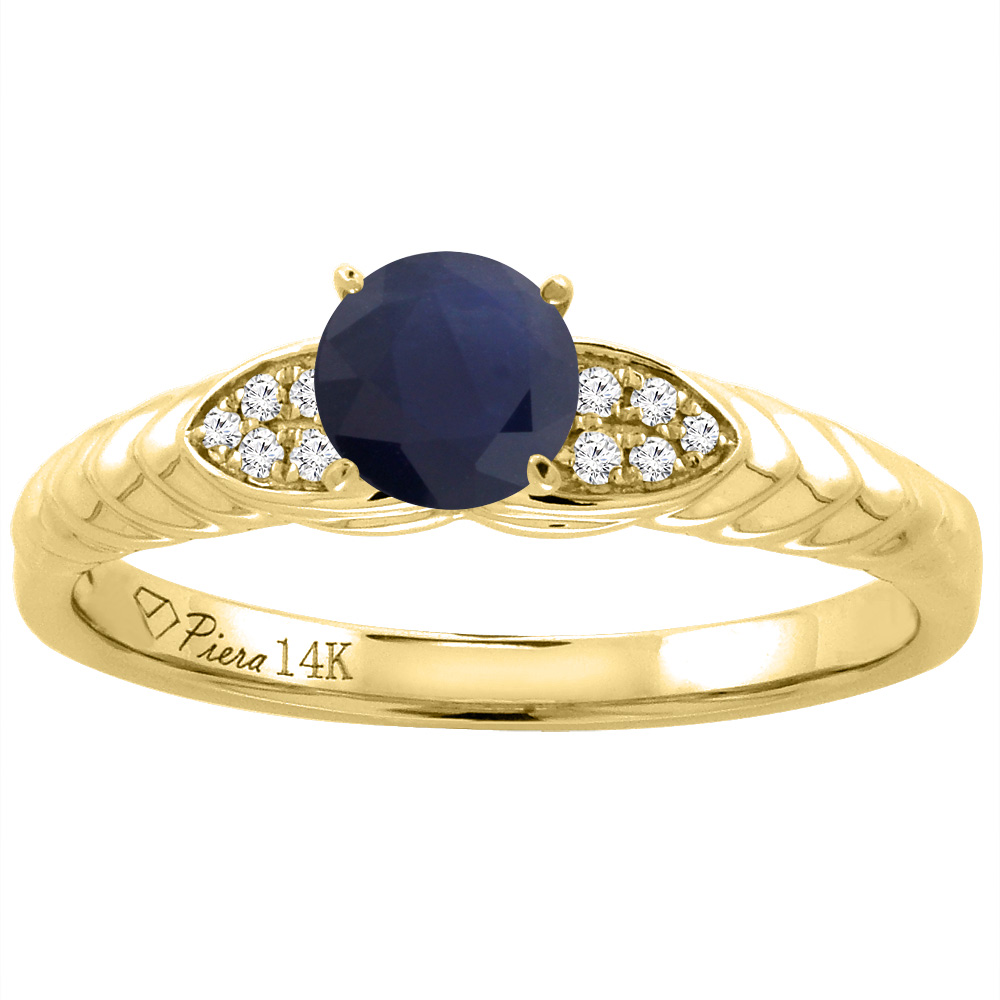 14K Yellow Gold Diamond Natural Quality Blue Sapphire Engagement Ring Round 5 mm, size 5-10