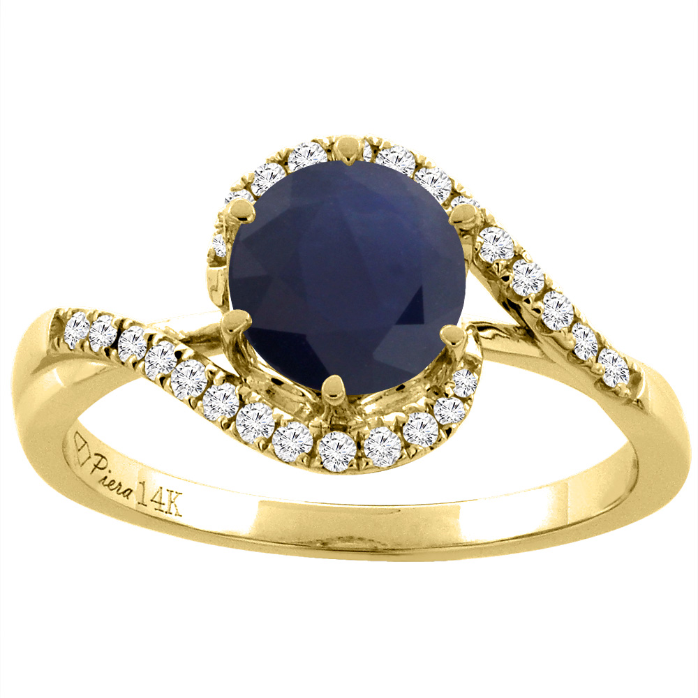 14K Yellow Gold Diamond Natural Quality Blue Sapphire Bypass Engagement Ring Round 7 mm, size 5-10