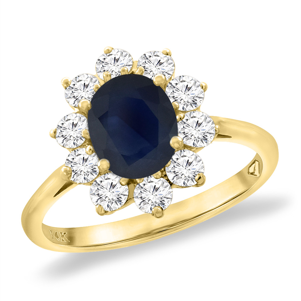14K Yellow Gold Diamond Natural Quality Blue Sapphire Engagement Ring Oval 8x6 mm, size 5 -10