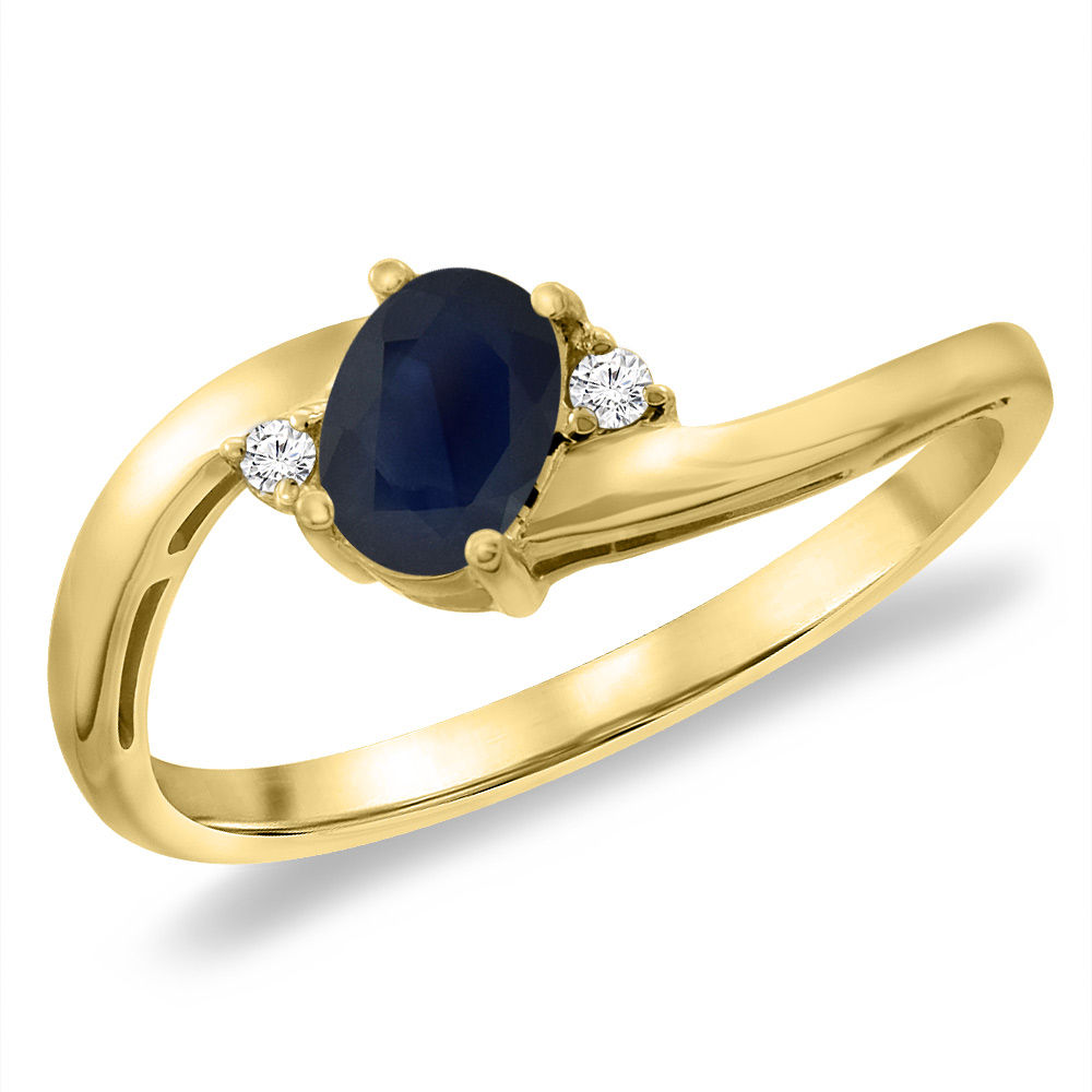 14K Yellow Gold Diamond Natural Quality Blue Sapphire Bypass Engagement Ring Oval 6x4 mm, size 5 -10